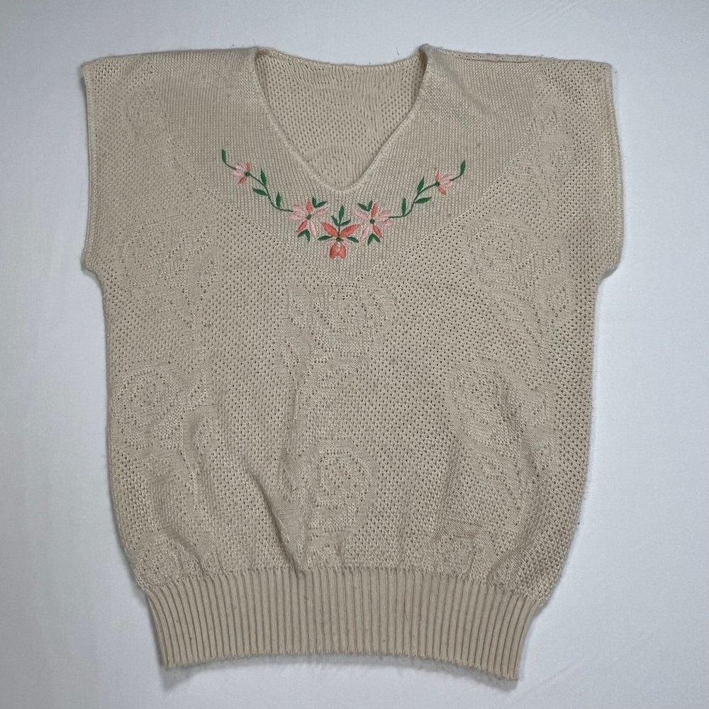 Vintage 100% Acrylic Embroidered Sleeveless‎ Sweater Med Cream V-neck Flowers